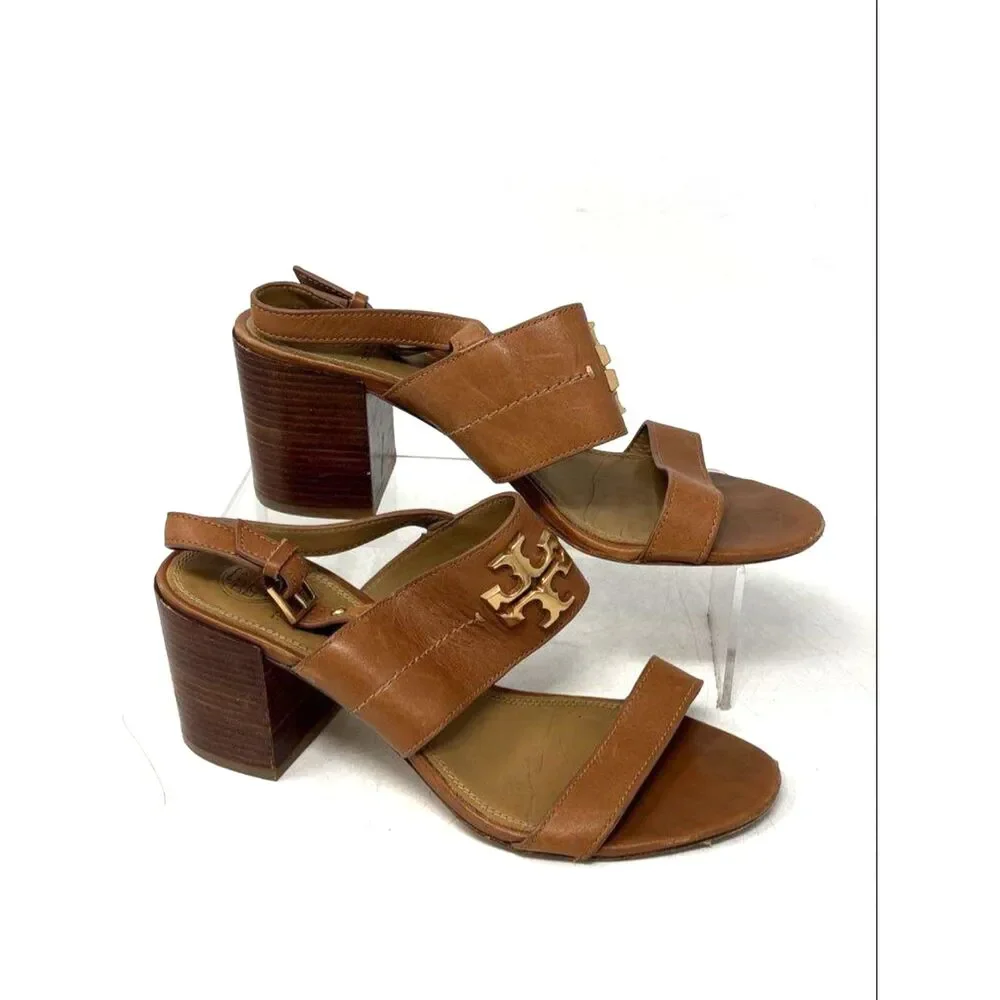 Tory Burch Tan Leather Everly Block Heel Slingback Sandals Size 7.5 Gold Logo